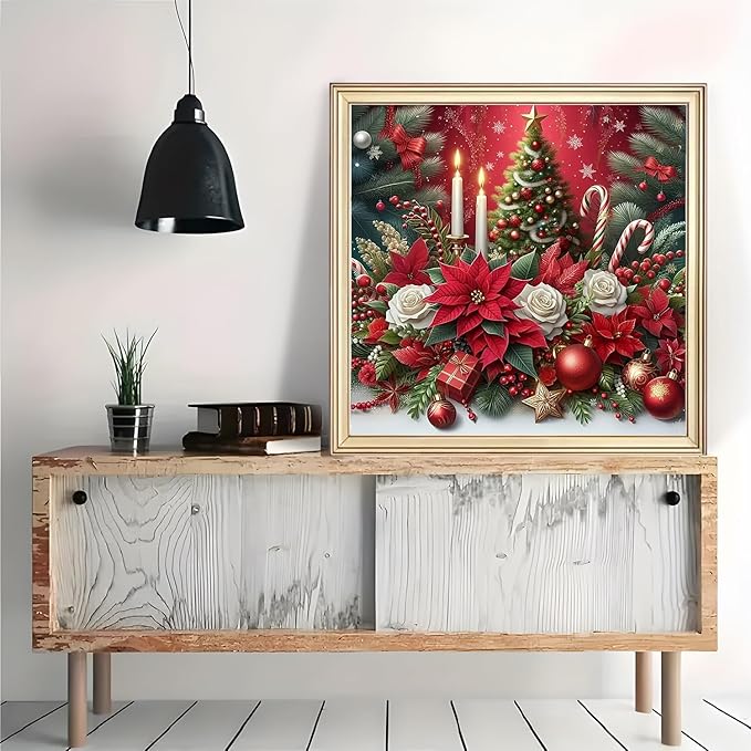 Christmas Poinsettia Tree Diamond Art Painting Kits for Adults, Candle Diamond Painting Kits for Adults Beginners, 5D DIY Full Drill Diamond Dot Gem Art Kits for Adult, Home Wall Decor 13.8x13.8 Inch
