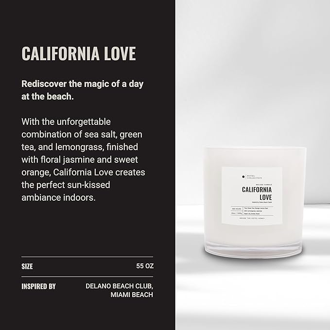 Hotel Collection - California Love Four Wick Deluxe Candle - Hotel Inspired Luxury Candle - 300-Hour Burn Time - Hints of Green Tea, Orange, and Lemongrass - 55 oz - White