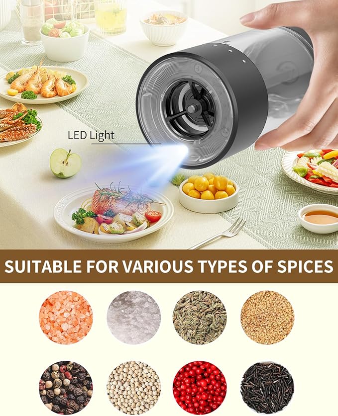 CIRCLE JOY Electric Salt and Pepper Grinder Set Rechargeable Salt and Pepper Mills with 6-Level External Adjustable Coarseness, White LED Light and Storage Base, Black & White