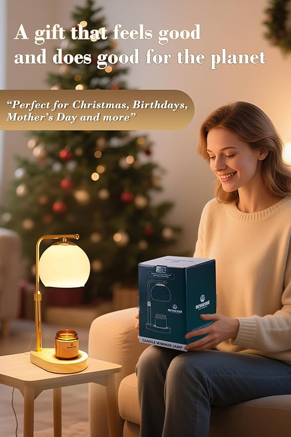 White Glass Candle Warmer Lamp Adjustable Height Dimmer 2 4 8 Hour Timer Natural Wood Base Wax Melter Includes Scented Candle and 2 Bulbs for Bedroom Living Room Modern Minimalist Decor