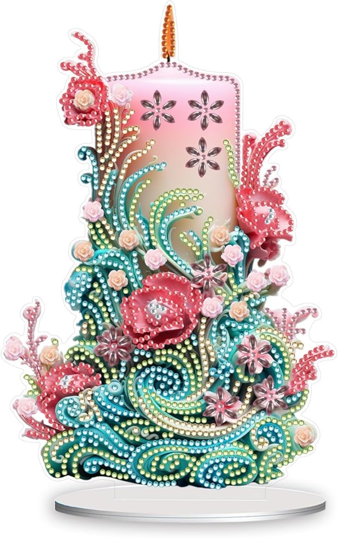 5D Diamond Art Candle Ornaments Kits, DIY Christmas Flower Candle Diamond Art Painting Desktop Ornament, Special Shaped Crystal Diamond Art Painting Tabletop Home Office Decor-03-Flower Candle