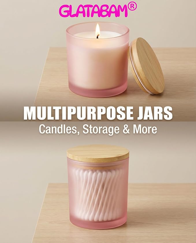 GLATABAM 4 OZ Candle Jars 12 Pack - Bulk Glass Candle Making Jars with Bamboo Lids & Labels, Heat Resistant Empty Reusable Candle Vessel for Containers(Frosted Powder)