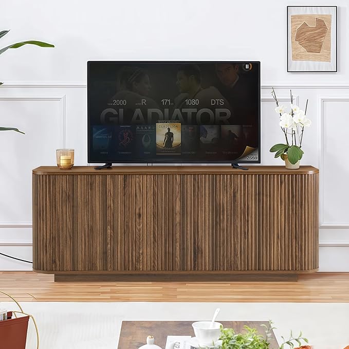 64" Buffet Sideboard Cabinet with Storage, Modern Fluted Accent Credenza with Adjustable Shelves, Wood Coffee Bar Console Table for Living Room Kitchen Dining Room Hallway, 24" H, Walnut