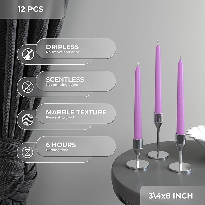 CANDWAX Lilac 8 inch Taper Candles Set of 12 - Unscented Smokeless Dripless Tall Candlesticks - Perfect for Special Occasions, Ordinary Dinners, Holidays and as Easter Candles - Lavender Candle Sticks
