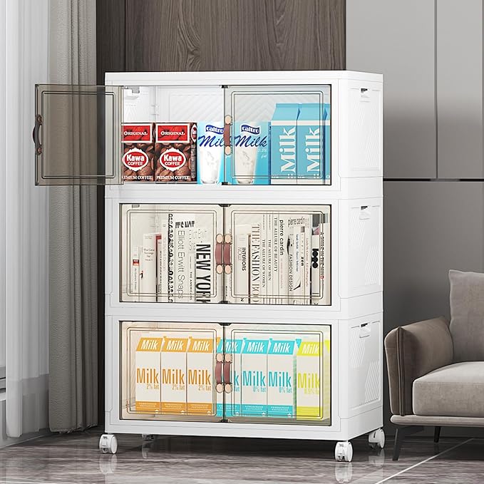 Stackable Storage Bins with Lids, 312QT Closet Organizers and Storage with Doors and Wheels, Extra Large Storage Cabinet, Collapsible Plastic Drawers for Bedroom Dorm Office Garage