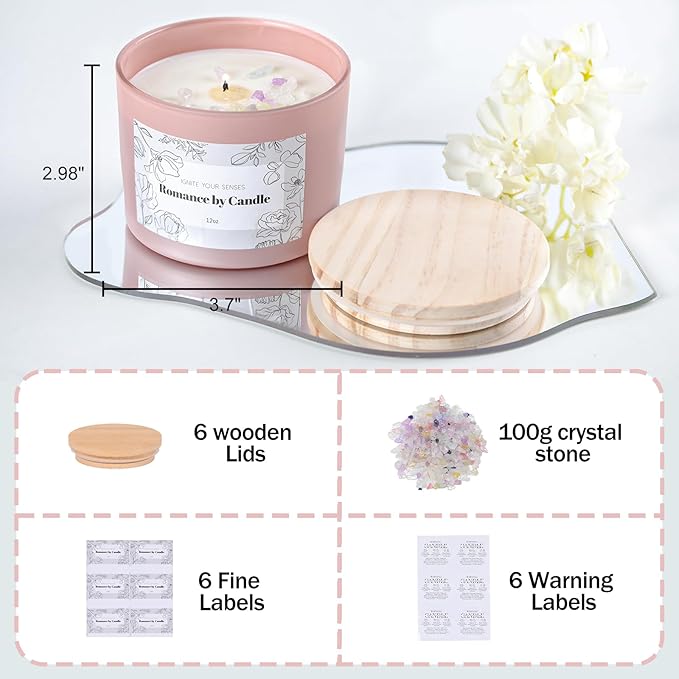 REISEN 6Pcs Assorted Pink Candle Jars for Making Candles, 12oz Empty Candle Jars with Bamboo Lids,Labels and 100g Crystal Rocks, Glass Jars for Candle Making Supplies, Candle Containers for DIY Gifts