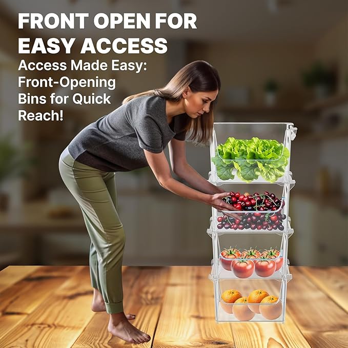 TidyFriend Stackable Storage Bins for Pantry - 4 Pack Stackable Bins for Organizing Food, Kitchen, and Bathroom Essentials (Clear)