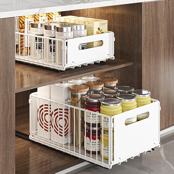 YunNasi Pull Out Cabinet Organizer Slide Out Drawer Storage Shelves Cupboard Organiser Sliding Cabinet Basket for Kitchen No Drilling and Nailing (White, 2Piece 9.8" W X15 D X 7.5" H)