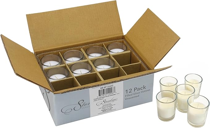 Stonebriar 12 Pack Unscented Long Burning Clear Glass Ivory Wax Filled Votive Candles