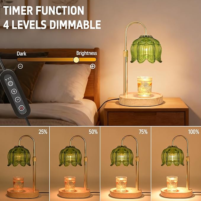 Flower Candle Warmer Lamp for Jar Candles with Timer & Dimmer, Adjustable Height Fits Large Jars up to 7.08" Tall, Flameless Wax Warmer, Cozy Bedroom Home Decor, Gift for Mom Women Green-01