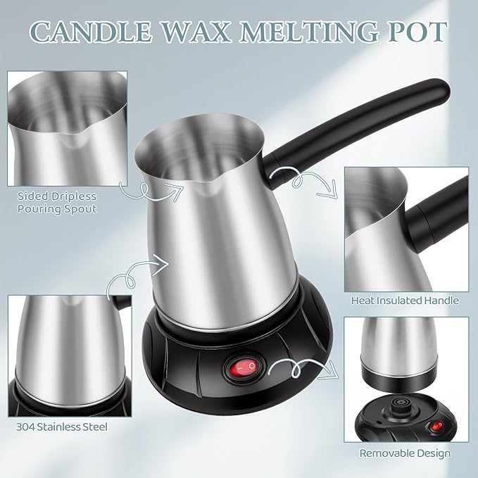 Aottom Wax Melter for Candle Making - Stainless Steel Candle Wax Melter Pot with Pouring Spout, DIY Candle Making Kit Supplies Included Wicks, Wick Stickers, Centering Device, Stirring Spoon