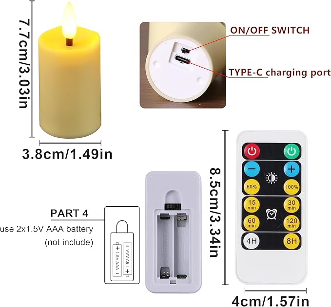 WRalwaysLX 6 Pack Rechargeable Type-C Fast Charging Flameless Tea Light with Remote Control, LED Flickering Candles Votive Candles, Battery Candles Indoor Home Decor, max 280 Hours