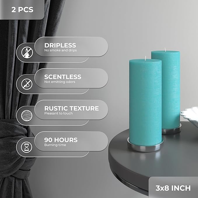 CANDWAX Turquoise Pillar Candles 3x8 Inch – Set of 2 Unscented Dripless Large Candles, Rustic Finish for Weddings, Home Decor, Events