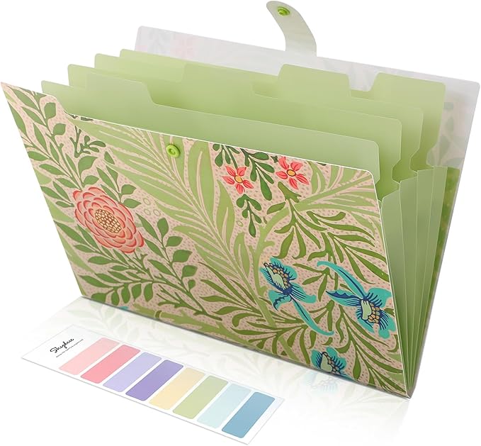 SKYDUE Expanding File Folder with 5 Pockets, Accordion File Organizer, Portable Receipt Paper Documents Organizer, Letter Size Filing Folder School Office Supplies, Green