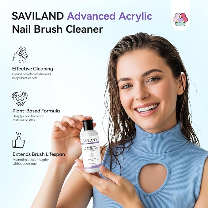 SAVILAND Acrylic Nail Brush Cleaner: 3-Minute Deep Clean & Conditioning Liquid, Plant-Based Cleaner Conditioner Preserver Restorer for Acrylic Nail Brushes, Home DIY & Salon Use, 5 OZ