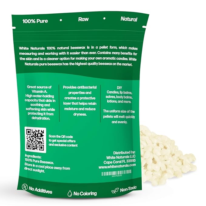 White Naturals White Beeswax Pellets 1 lb (16 oz), Pure, Natural, Cosmetic Grade, Bees Wax Pastilles, Triple Filtered, Great For DIY Lip Balms, Lotions, Candles