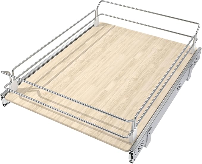 Pull Out Cabinet Organizer 18" W X 22" D, Slide Out Drawers For Kitchen Organizers and Storage, Pull Out Drawers For Cabinets Capacity Heavy Duty Caddy, Cabinet Shelves Wood Chrome, Pantry Storage