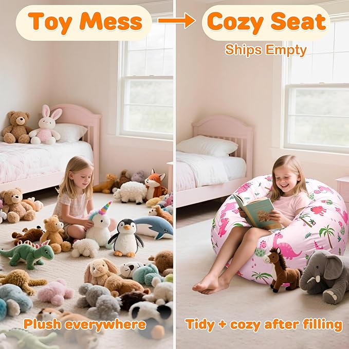 Lukeight Dinosaur Stuffed Animals Storage Bean Bag Chair Cover Only (Ships Empty, No Filling) - Velvet YKK Zipper Beanbag Cover for Kids Big kids, Washable Plush Toy Organizer, X-Large 30" D x 18" H