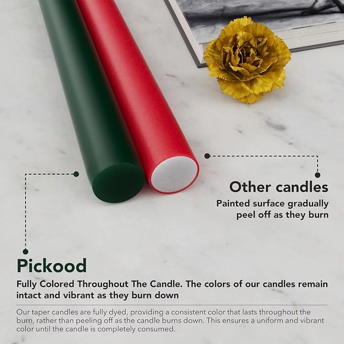 12-Inch Tall Dripless Taper Candles Set of 4 - Red and Green Tapered Candles, Perfect for Christmas - Smokeless, Unscented, Long Burning - Hand Poured, Colored Tall Candlesticks - Christmas