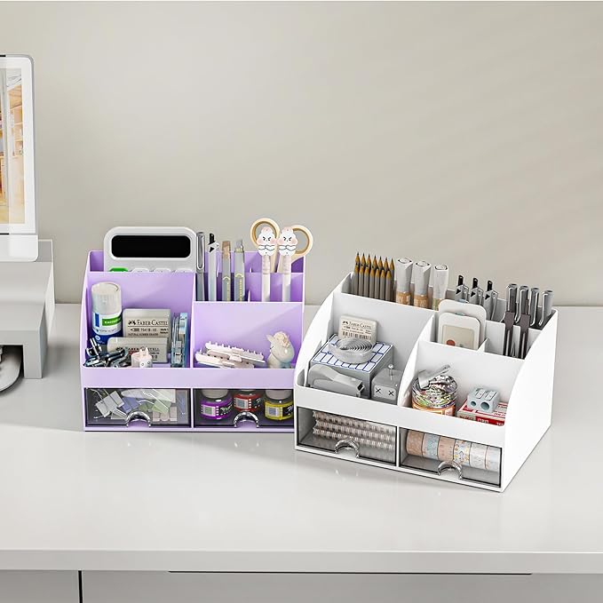 COMFYROOM Desk Organizer with 6 Compartments and 2 Drawers, Plastic Makeup Organizer, Pen Holder for Desktop Storage, Desk Organization for School, Home, Office Supplies (Purple)