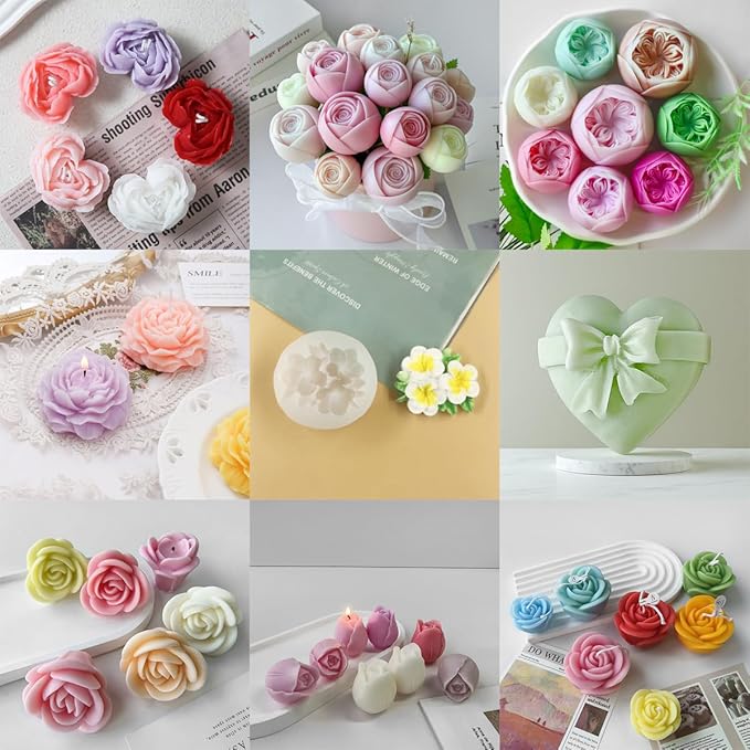 9 Piece Set of Hibiscus Rose Tulip Heart Shape Candle soap Wax Mold Valentine's Day Silicone Butter Candle Chocolate Making Mold Silicone Shape