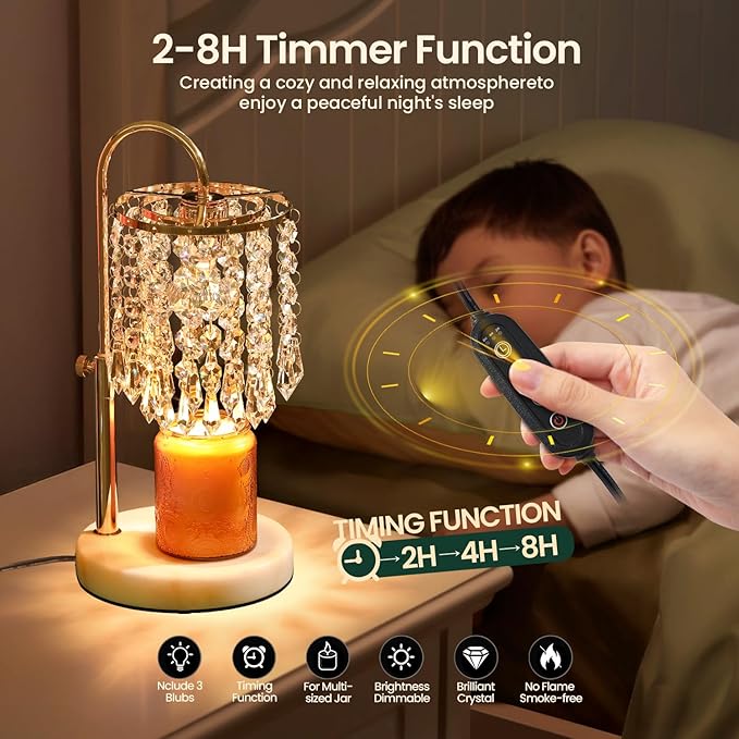 Candle Warmer Lamp with Timer Dimmer，2H/4H/8H Timer , Lamp Candle Warmer with Marble Base for Adjustable Height, Crystal Wax Melt Warmer for Jar Candles, House Warming Decor Gifts Mothers Day Gifts
