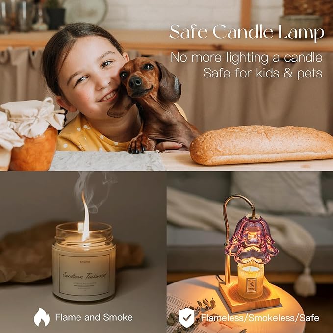 Candeldo Candle Warmer Lamp with Timer: Purple Flower Candle Warming Lamp with 2 Bulbs Height Adjustable Wax Warmer Dimmable Bedroom Decor Mothers Day Gift for Women
