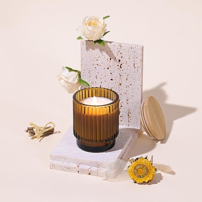 DEVI 7oz Empty Amber Ribbed Glass Candle Jars for Making Candles Set of 8, Glass Candle Jars with Bamboo Lids, Bulk Empty Candle Containers, Candle Tins Making Supplies for Gifts, Home Shelf Decor