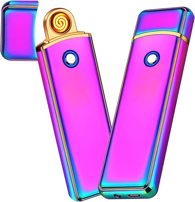 Electronic USB Rechargeable Lighter - Smart Dual Sided Ignition Windproof Flameless Portable Lightweight Plasma for Indoor Outdoor (Rainbow Ice)