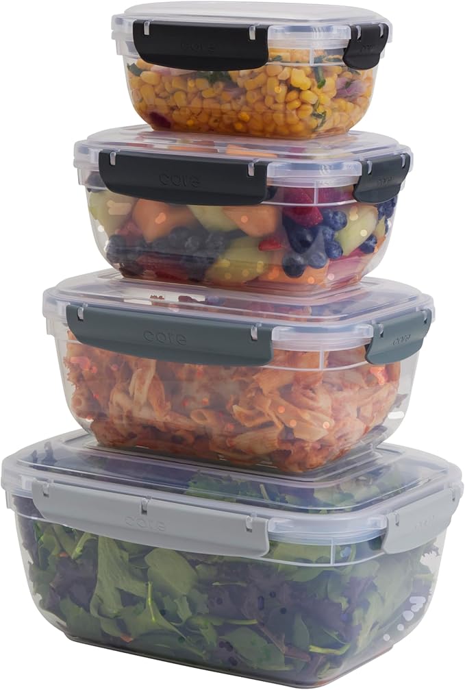 Core Kitchen Nested Food Storage Containers – 8-Piece Set with 4 Airtight Locking Lids – BPA-Free, Stackable, Microwave, Freezer & Dishwasher Safe - Clear