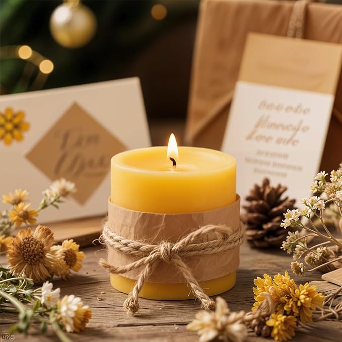 3 Pack Beeswax Candles - 3x3inchs Emergency Candles, Beeswax Pillar Candles 150 Hours Long Burning, Organic Unscented Dripless Smokeless Bees Wax Candle Bulk for Home Paryer Party (3x3in)