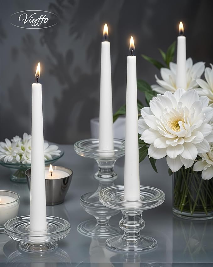Viyffo Taper Candles – 10 Inch Long White Candlesticks, 4 Pack, Unscented, Dripless, Smokeless Tapered Stick Candles, Tall Candles for Dinner, Wedding, Party, Holiday Decor