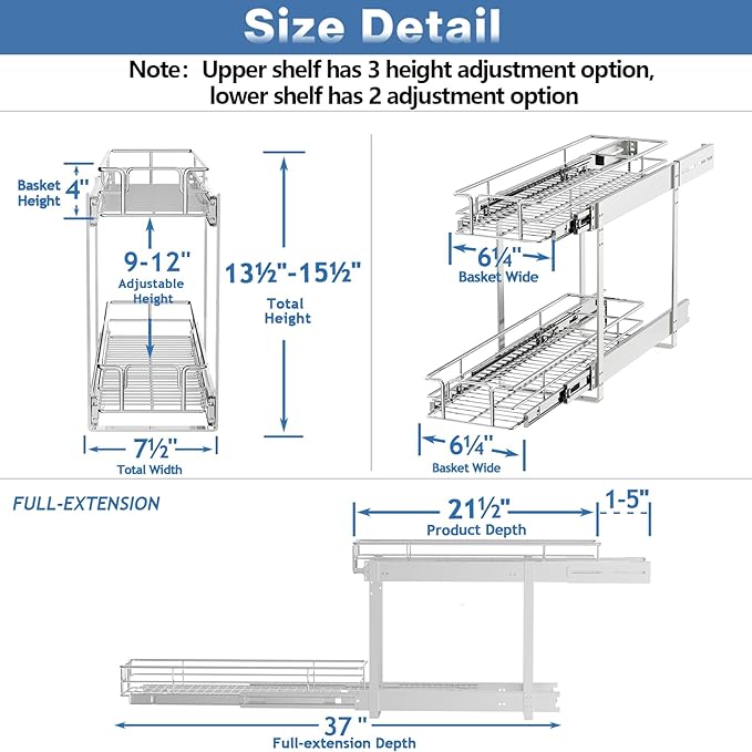 LOVMOR 2 Tier Individual Pull Out Cabinet Organizer 7.5" W x 21.5" D, Slide Out Kitchen Cabinet Storage Sliding Shelves