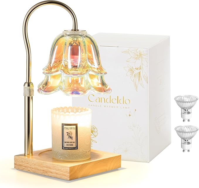 Candeldo Candle Warmer Lamp with Timer: Iridescent Flower Candle Warming Lamp with 2 Bulbs Height Adjustable Wax Warmer Dimmable Home Decor Mom Birthday Gift for Women