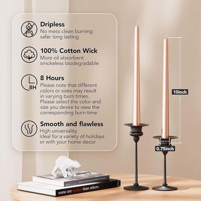 10-Inch Tall Dripless Taper Candles Set of 4 - Rose Gold Tapered Candles, Perfect for Spring - Smokeless, Unscented, Long Burning - Hand Poured, Colored Tall Candlesticks - Rose Gold