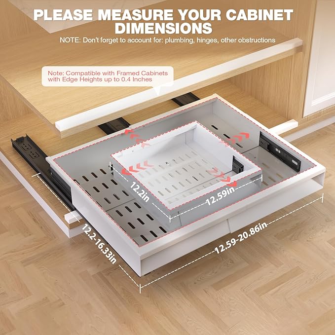 2 Pack Pull Out Cabinet Organizer With Raising Pad for Framed Cabinets,Expandable Width (13"-21") and Depth (13"-17"),3 Slide Rails Slide Out Drawers with Handle,No-Drill Roll Out Shelf,White