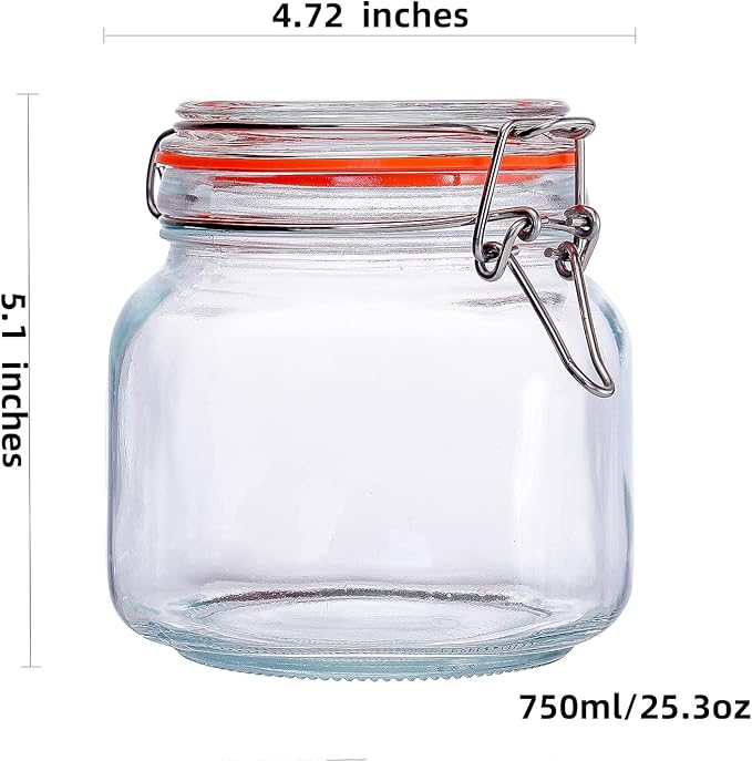 Hovico 25 oz Glass Jars With Airtight Lids And Leak Proof Rubber Gasket,Wide Mouth Mason Jars With Hinged Lids For Kitchen Canisters 750ml, Glass Storage Containers