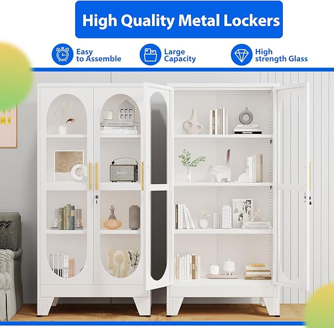 Ckzbx Glass Locker Metal Cabinets 61" H Locking Tool File Cabinets Snack Locker Organizer for School Classroom,Bedroom,Gym Home Office,Entryway and Hallwa (White)