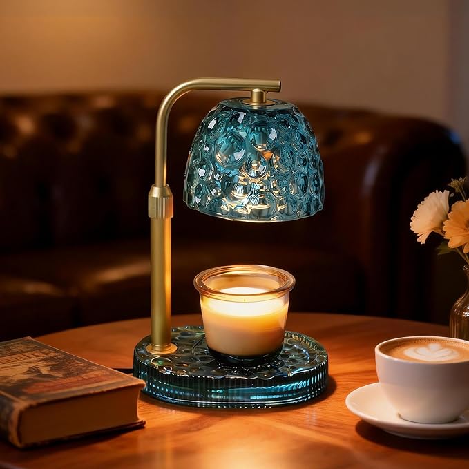 Candle Warmer Lamp with Timer Dimmer, Honeycomb Crystal Wax Melt Warmer for Jar Candles, Adjustable Height Wax Warmer Lamp with 2 Bulbs for Women Mom Gift New Home Bedroom Decor (Blue)