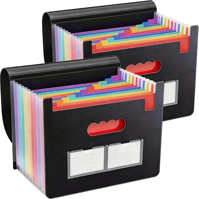 2 Pack Accordion File Organizer, 13 Pockets Expanding File Folder, Portable Paper Receipt Bill Organizer, Letter A4 Size Document Organizer with Colorful tabs, School Office Supplies