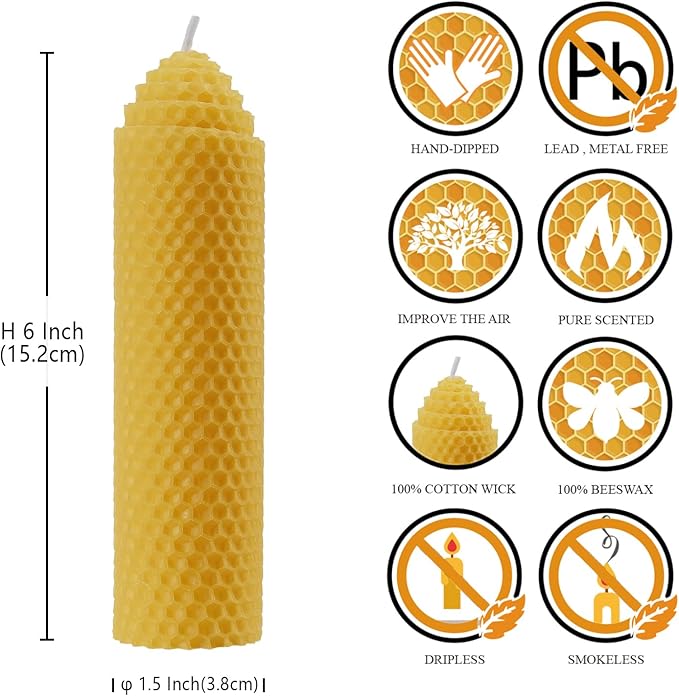 Beeswax Pillar Candles Set of 4 - Handmade Pure Beeswax Rolled Candles for Gift & Home Decor (1.5×6 in)