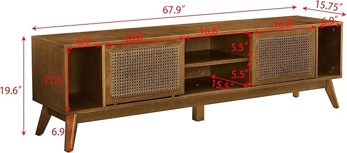Amposei Mid Century Modern TV Stand Entertainment Center for 65/70/75 inch TVs, Sliding Rattan Door Wooden Console Storage Cabinet with Wood Legs for Living Room, Light Walnut
