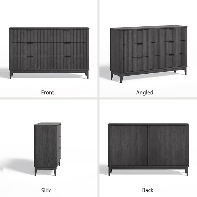 Fluted 6 Drawer Dresser for Bedroom,53'' Wide Large Closet Dresser 6 Chest of Drawers,Wooden Storage Organizer Drawer, Modern TV Stand for Bedroom, Living Room Hallway Black