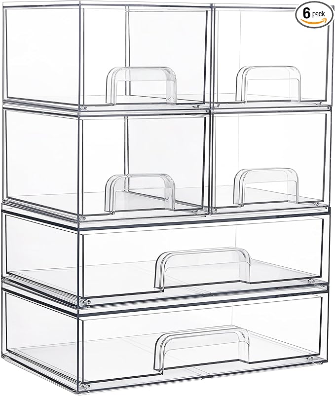 Vtopmart Stackable Storage Drawers Set of 6, Clear Plastic Organizer Bins for Bathroom Supplies, Ideal for Cabinet,Shelf, Pantry, Laundry Room Organization