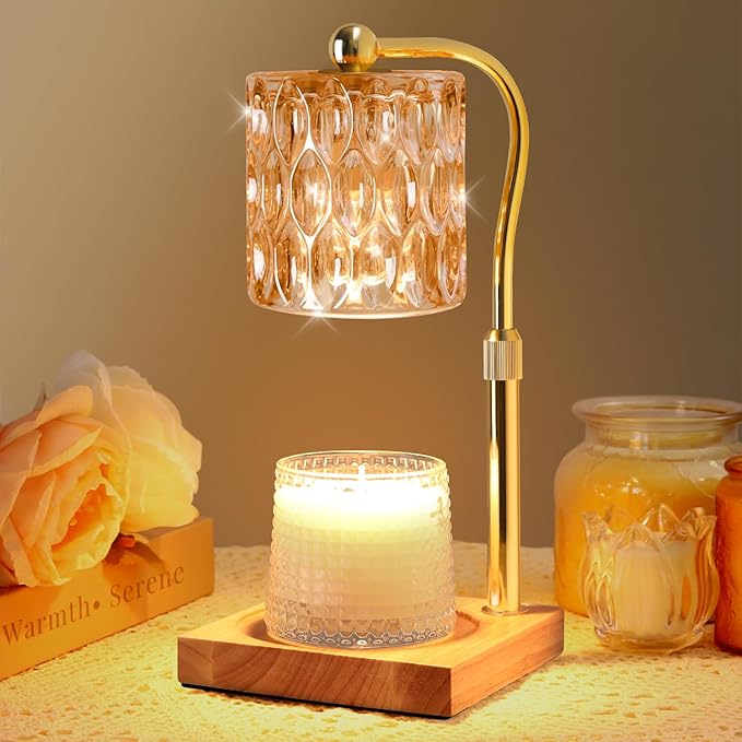 Candle Warmer Lamp Adjustable Height with Timer Dimmer, Dimmable Glass Wax Melt Warmer Light for Scented Jar, Present for Women Candle Lovers Christmas House Warming Home Decor Brithday, Amber