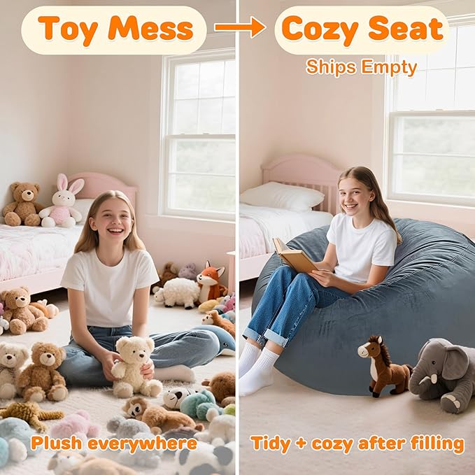 Lukeight Stuffed Animals Storage Bean Bag Chair Cover Only (Ships Empty, No Filling) - Velvet YKK Zipper Beanbag Cover for Teens and Adults, Washable Plush Toy Organizer, XXX-Large 42" D x 23" H