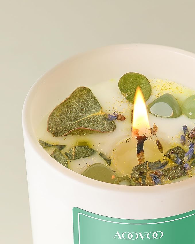 AOOVOO Eucalyptus Mint Scented Candles for Women - Aromatherapy Candle with Crystals Inside, 10oz Soy Candles for Home Scented, Birthday Gifts Valentines Day Candle for Women Mom