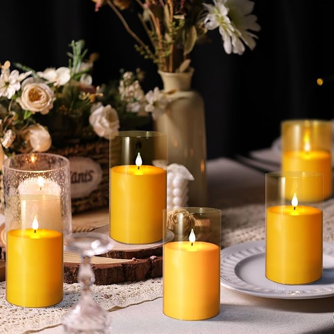 NICEME Amber Flickering Flameless Candles Battery Operated Acrylic LED Pillar Candles with Remote Control and Timer Flameless Halloween Candles for Thanksgiving Christmas New Year Home Decor, Set of 5