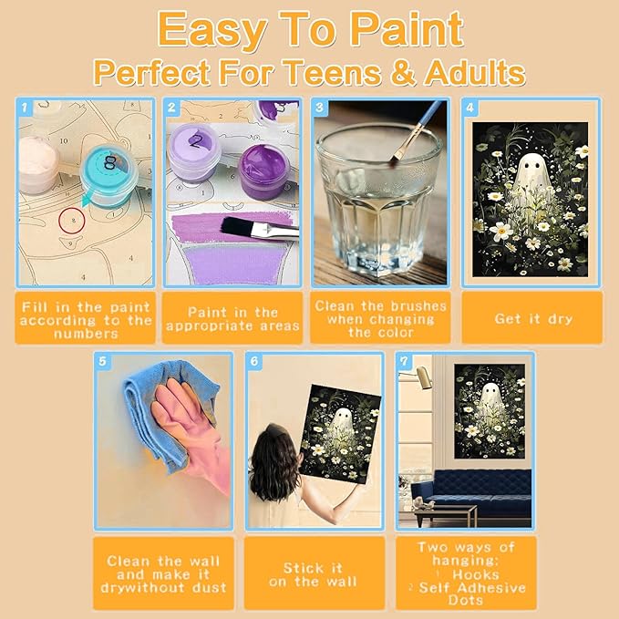 Meothan Framed Paint by Numbers Kits for Adults, Halloween Paint by Number for Adults Beginners, Paint by Numbers Kits on Canvas with Framed and Easel for Home Wall Decor 11.8x15.7inch (Ghost)
