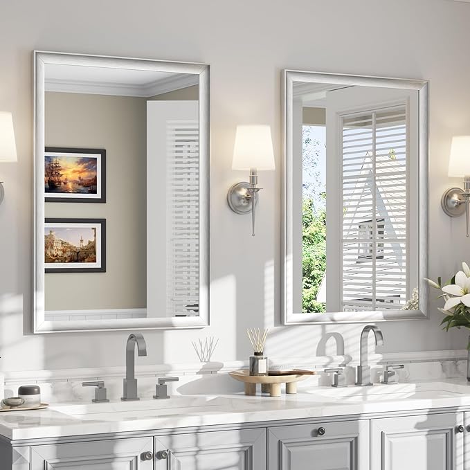 USHOWER 2 Pack Brushed Nickel Bathroom Mirrors for Over Sink 24x36 Inch, Metal Framed Rectangle Vanity Mirror for Wall, Bedroom, Living Room, Entryway, Anti-Rust, HD Tempered Glass,Horizontal/Vertical